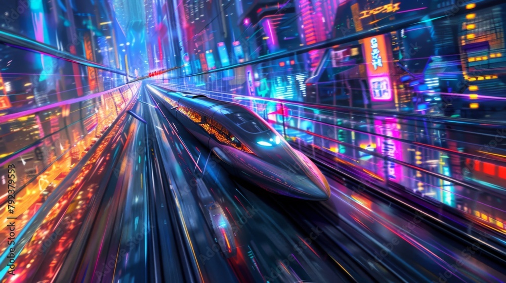 Poster A high-speed train racing through a futuristic cityscape, with sleek architecture and neon lights flashing by in a blur of motion.