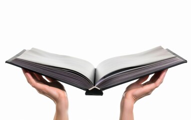 Hand holding a book with blank pages on a white background