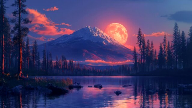 Majestic mountain at night under full moon sky. seamless looping 4k animation video background