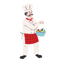 Chef making salad. Male character in doodle style.