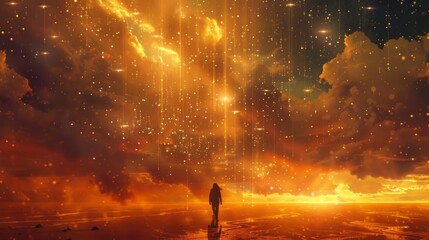 A lone traveler walking through a desert landscape under a sky ablaze with falling stars and a light drizzle of rain.