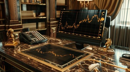 A luxurious desk with a golden chart displaying financial growth and success
