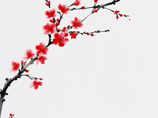 Chinese ink red cherry blossom branch 1