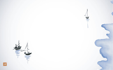 Ink painting of fishing boats in minimalist style. Traditional oriental ink painting sumi-e, u-sin, go-hua. Translation of hieroglyph - zen - 792380555