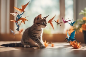 'kitten playing paper cranes cat animal background beautiful bird crane curiosity cute domestic...