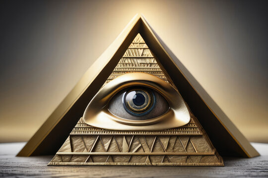 Eye of providence, all seeing eye, mason pyramid with gold details, concept of masonic secret societies.