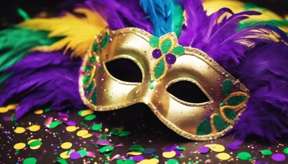 'adornment Gras Feathered celebration. Mardi colors masks festive confetti mask carnival party...