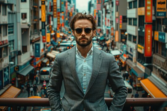 A business suit and sunglasses poised on a balcony railing, with a view of a bustling city market below