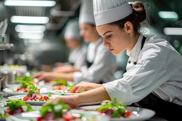 A culinary arts student preparing a dish in a professional kitchen, focus on precision and passion