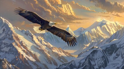 A majestic bald eagle soaring high above snow-capped mountains, its outstretched wings catching the golden rays of the morning sun.