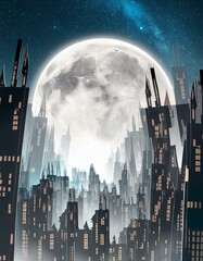 満月が美しい近代的なビル街 - obrazy, fototapety, plakaty