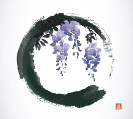 Ink painting of blooming wisteria. Traditional oriental ink painting sumi-e, u-sin, go-hua in black enso zen circle. Translation of hieroglyph - bloom - 792382747