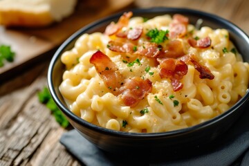 Mac and cheese topped with bacon strips