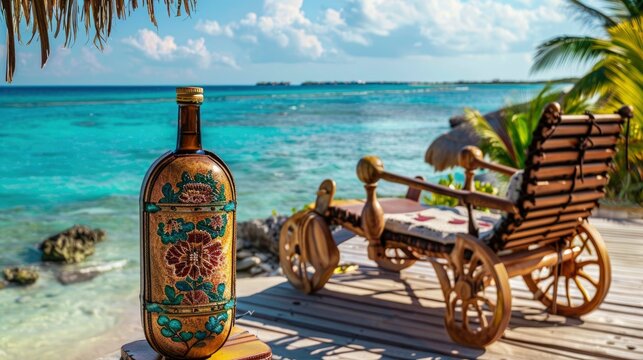 a bottle of tequila on wheels, with the top in an open case and the bottom is made out of leather that has hand painted flowers, sitting next to chair overlooking beautiful blue water