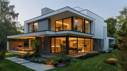 A minimalist modern house with sleek lines and large windows, blending seamlessly into its natural surroundings.