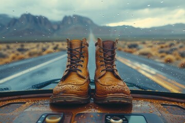 A pair of polished dress shoes on the dashboard of a van, the open road reflected in the windshield - obrazy, fototapety, plakaty