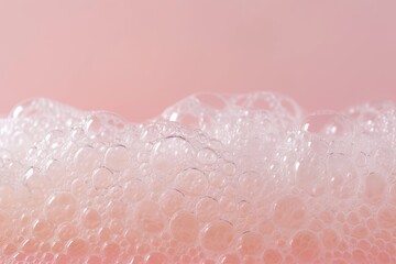 Magnified soap suds form a grid of bubbles in a macro shot against a pale pink backdrop