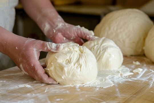 Making homemade mozzarella using Italian hard cheeses like silano or caciocavallo as shown by the cheesemaker with freshly made mozzarella