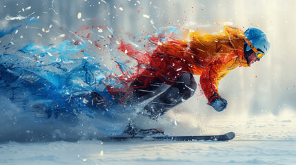 color illustration of a freestyle skier riding to the finish line Generative AI.