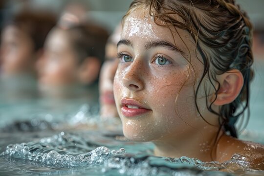 A swimming lesson in progress, with students learning different strokes in the pool