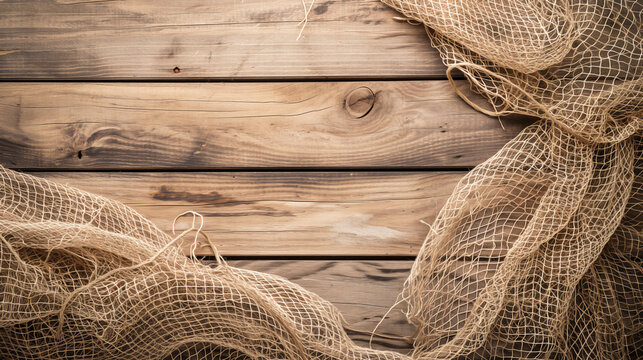a light wooden background with a weathered, rustic appearance, displaying natural grain, knots, and scattered nail heads. A section of a fishing net overlays the wooden backdrop