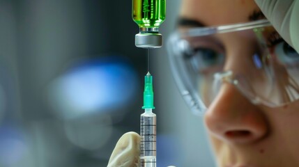 Closeup of a lab technician holding a syringe filled with a bright green liquid a look of indifference on their face. . - obrazy, fototapety, plakaty