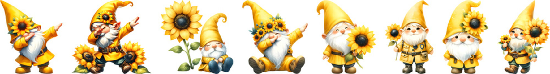 Gnome with sunflower springtime, watercolor illustration.