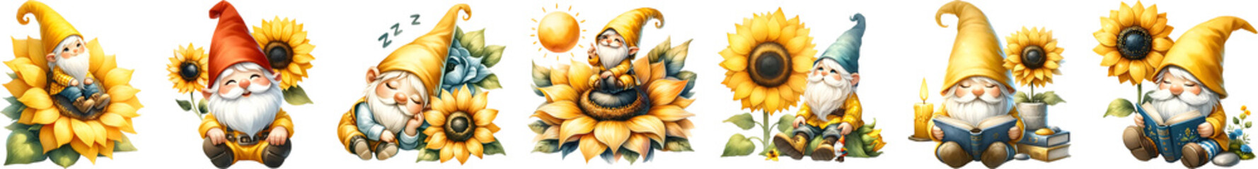 Gnome with sunflower springtime, watercolor illustration.