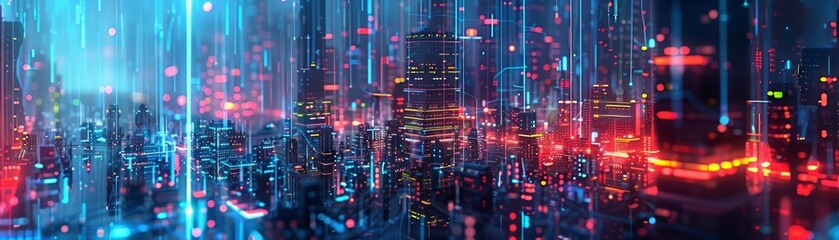 A mesmerizing illustration depicts a neural network as a bustling metropolis Data streams flow like neon highways, connecting countless nodes that analyze information, forming a vigilant digital city