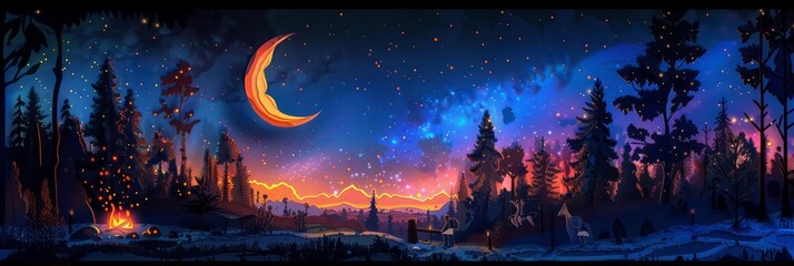 A mesmerizing papercut scene a crescent moon hangs in a twilight sky, casting an ethereal glow on a papercut campsite Tiny papercut flames flicker from a campfire, illuminating the faces of hikers sha