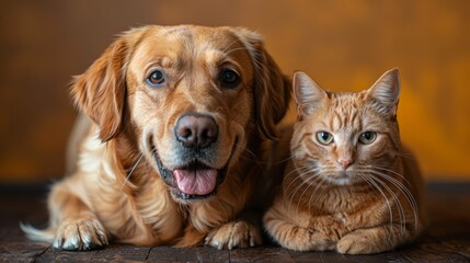 Panting Labrador Retriever dog and cat sitting in front of dark yellow background