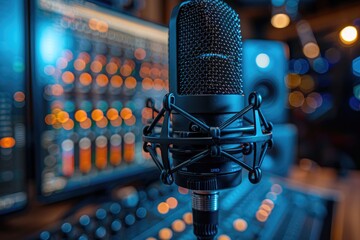 An educator recording a lesson for an online course, professional microphone and camera in view