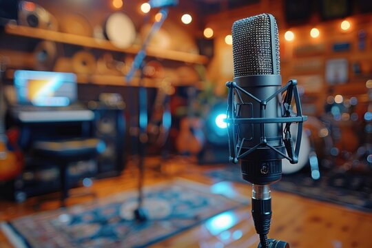 An educational podcast setup, with microphone and laptop ready for recording