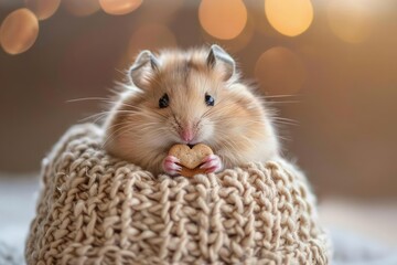 A chubby hamster stuffs its cheeks with tiny heartshaped cookies, sitting contentedly atop a soft, knitted cushion - obrazy, fototapety, plakaty
