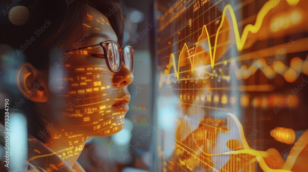 Aufkleber a person analyzing a golden stock market graph projected on a transparent screen