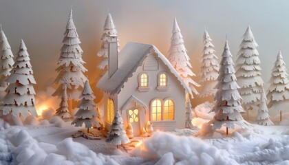 A cozy papercut cottage, windows glowing with warm light, sits nestled amongst snowdusted papercut trees adorned with miniature papercut ornaments  a charming Christmas haven