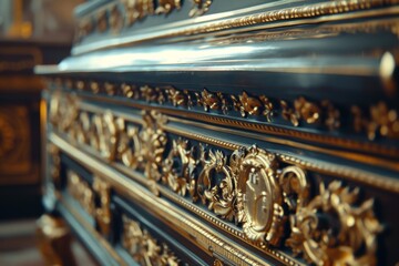 Metal casket with gold decorations captured in a close up within a chapel or funeral home prior to burial at a cemetery