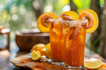 Mexican alcoholic drink called Micheladas made with beer lemon juice chili salt and shrimp served on an outdoor table with orange slices - Powered by Adobe
