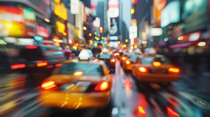 Amidst a flurry of blurred cars the defocused background of neon signs and city landmarks add an electric energy to Strokes of Speed. . - obrazy, fototapety, plakaty