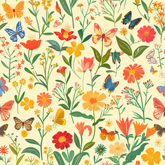 Floral and butterfly pattern with a vintage touch on a pastel background