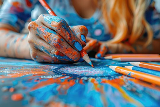 Close-up of a students hands sketching in an art class, with pencils and pastels scattered around