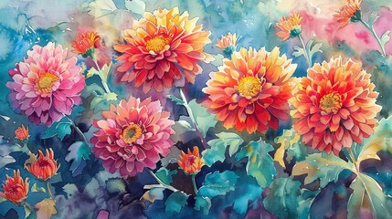 Lively handdrawn watercolor portrait of chrysanthemums on wallpaper, using bright colors to create a fresh floral scene