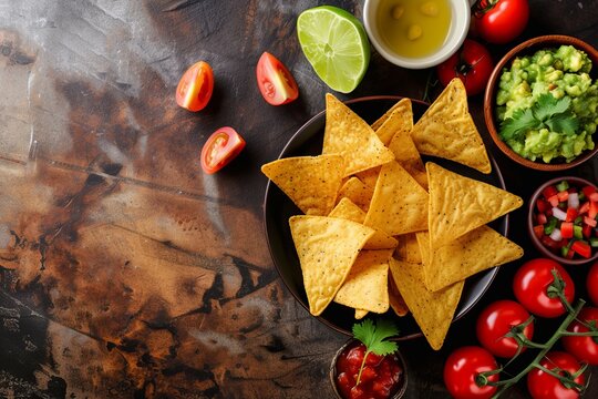 Mexican cuisine chips guacamole salsa fresh ingredients on worn metal backdrop Overhead perspective