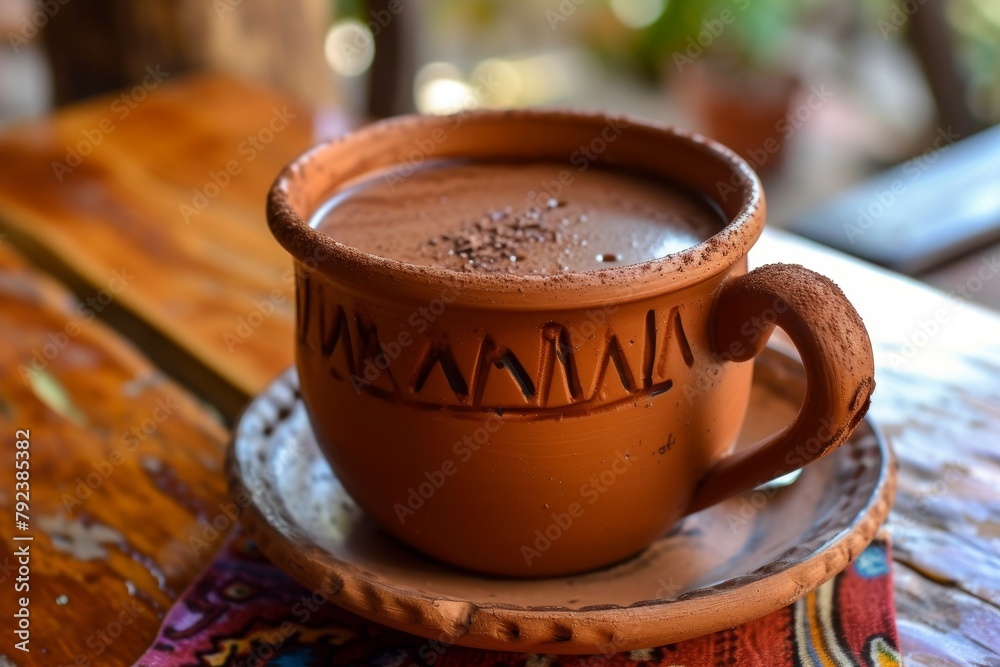 Wall mural mexican hot chocolate in clay cup on mexican table