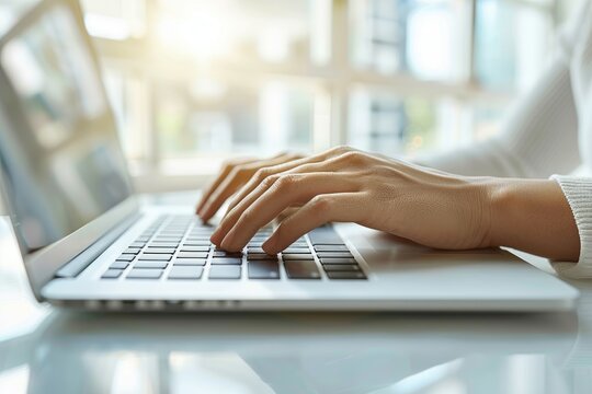 Hands typing on a laptop keyboard, researching for an online course project