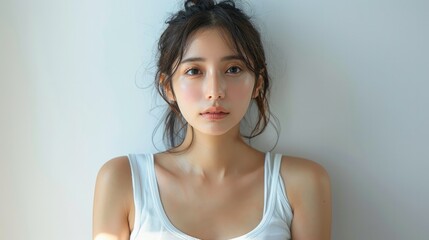 Beautiful natural Japanese women wear white tank top, white background. Generative AI. - obrazy, fototapety, plakaty