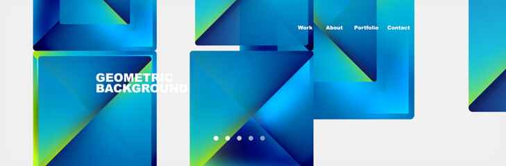 A colorful geometric background with azure, blue, aqua, and electric blue triangles and rectangles on a white background. The design features parallel lines and varying tints and shades