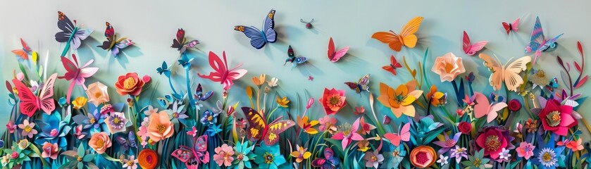 Delicate papercut butterflies, their wings a vibrant mosaic of colors, flit amongst papercut flowers of all shapes and sizes, creating a whimsical ballet in a blooming paper meadow