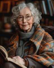 portrait of aged woman with book at home. self care, relation, enjoy concept.