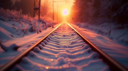 A serene winter sunset casting a warm glow over a snowy landscape with detailed railroad tracks. - Powered by Adobe